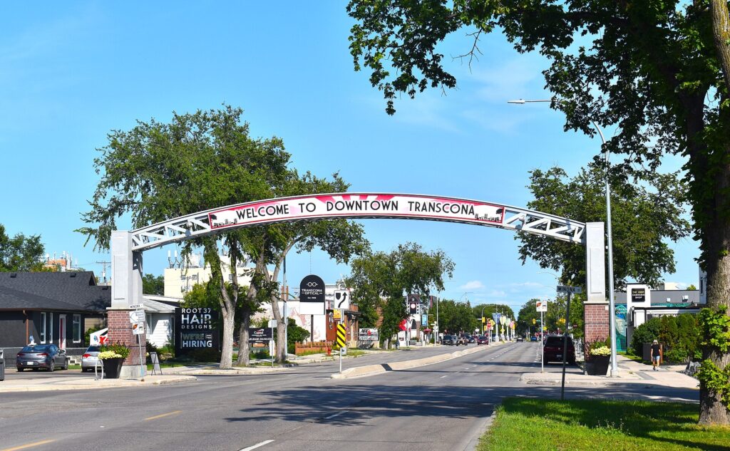 The Welcome to Downtown Transcona arch over Regent Avenue in Winnipeg